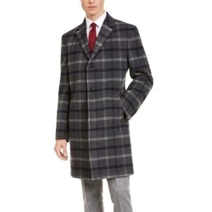 Tommy Hilfiger Men’s Plaid Addison Overcoat grey & navy wool blend Siz 44L tall